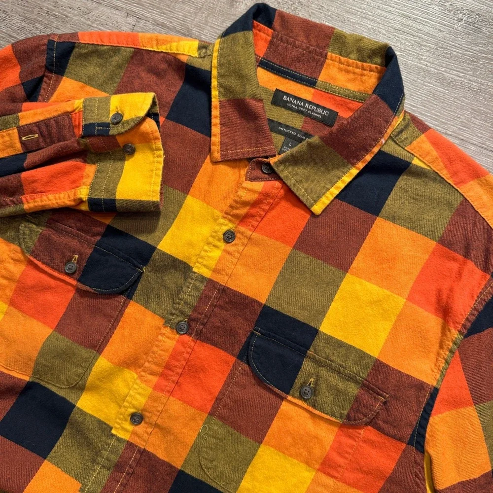Banana Republic Shirt Men L Orange Plaid Cotton Ultra Soft Flannel Untucked Slim